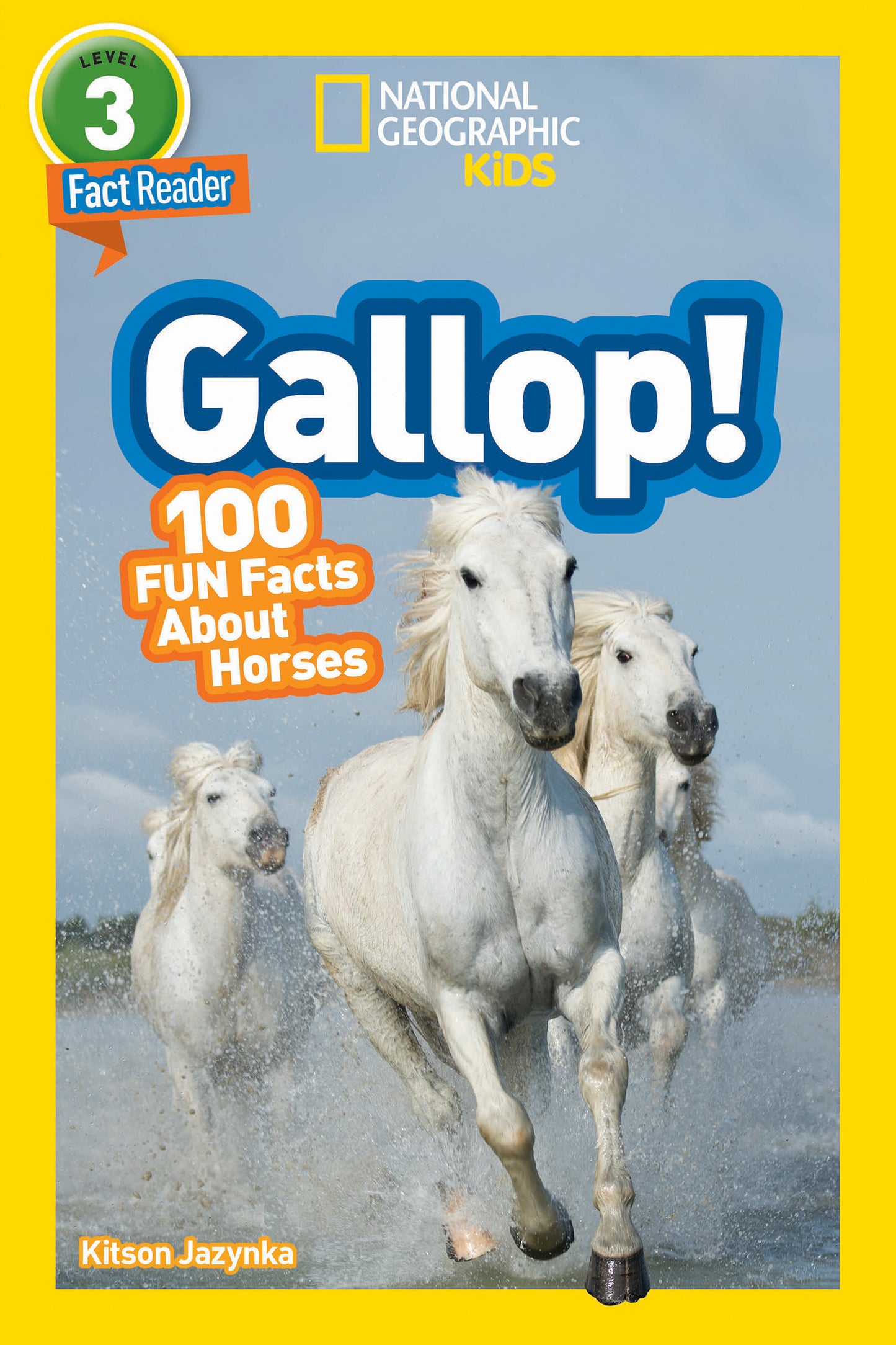 White horses running through water on the cover of a children's book called Gallop!