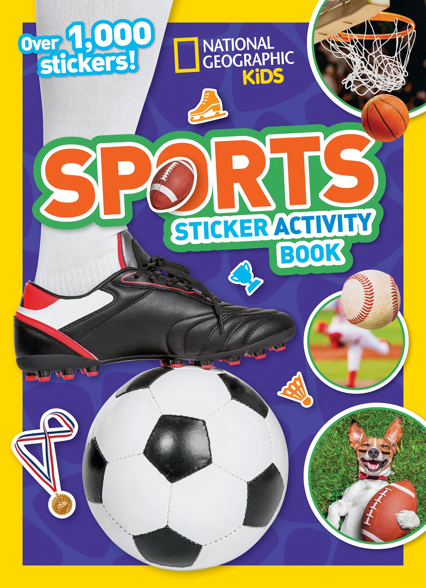 Colorful sports-themed sticker activity book cover with soccer ball, cleats, and 1,000 sticker label