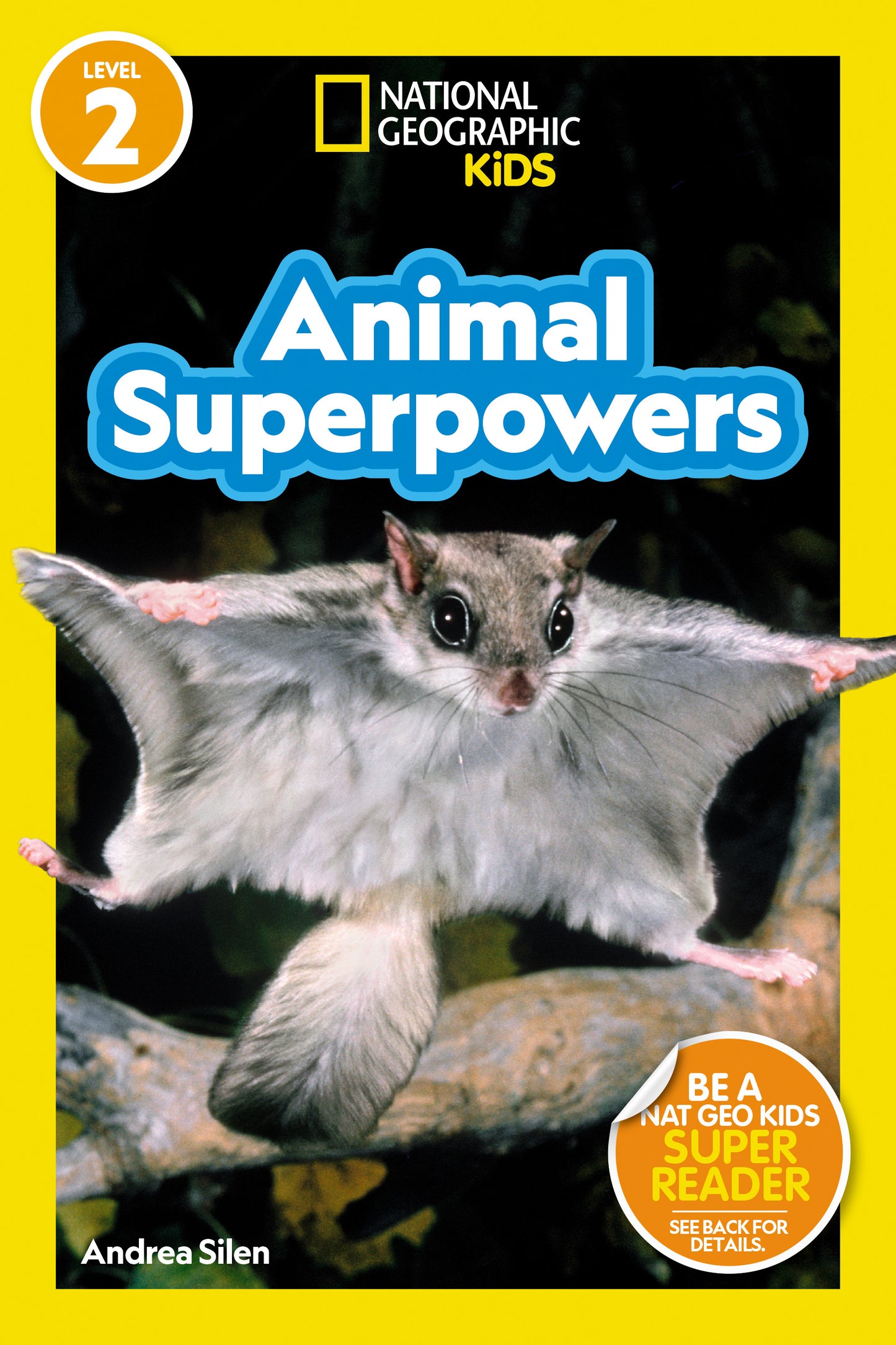 Kids reading book with flying squirrel on cover and bold Animal Superpowers title