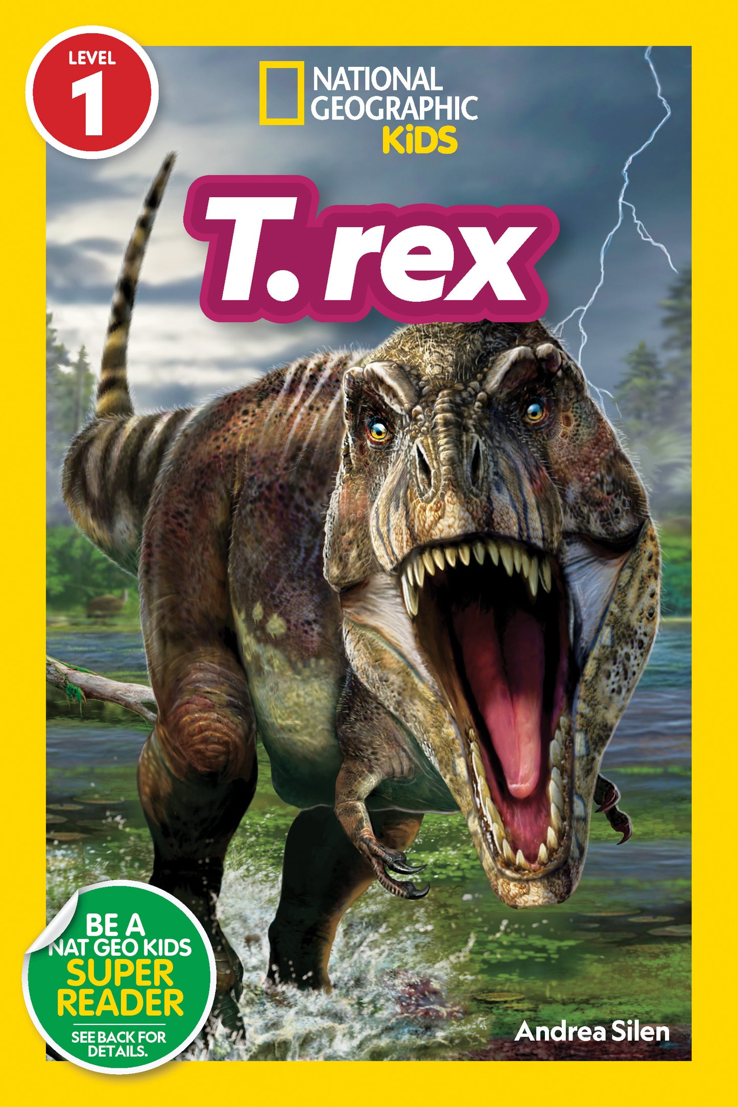 Children's dinosaur book cover featuring a roaring T. rex with vivid detail