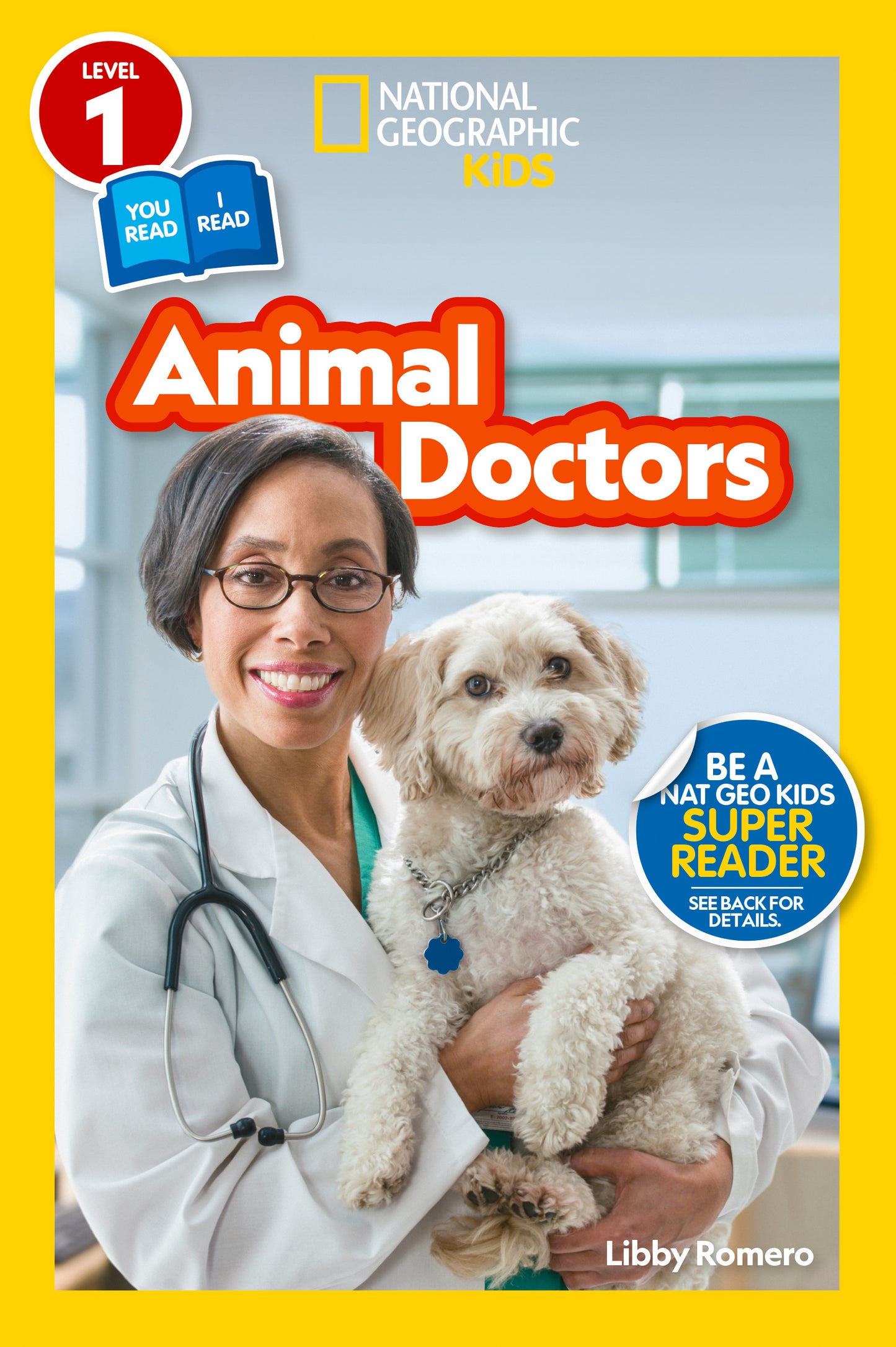 Cover of National Geographic Kids book titled Animal Doctors featuring a veterinarian holding a fluffy dog