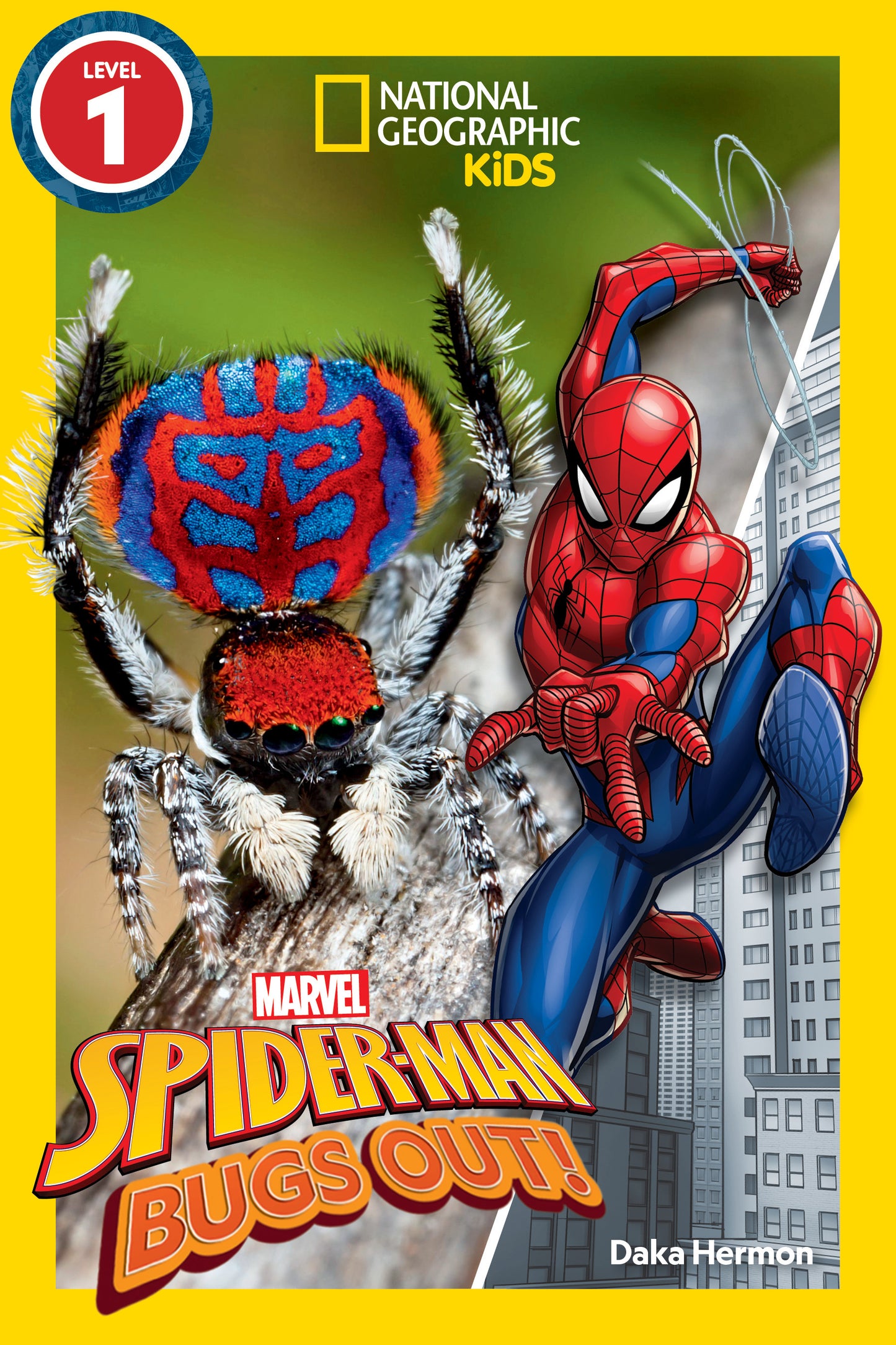 Spider-Man comic character next to a close-up photo of a colorful peacock spider on book cover