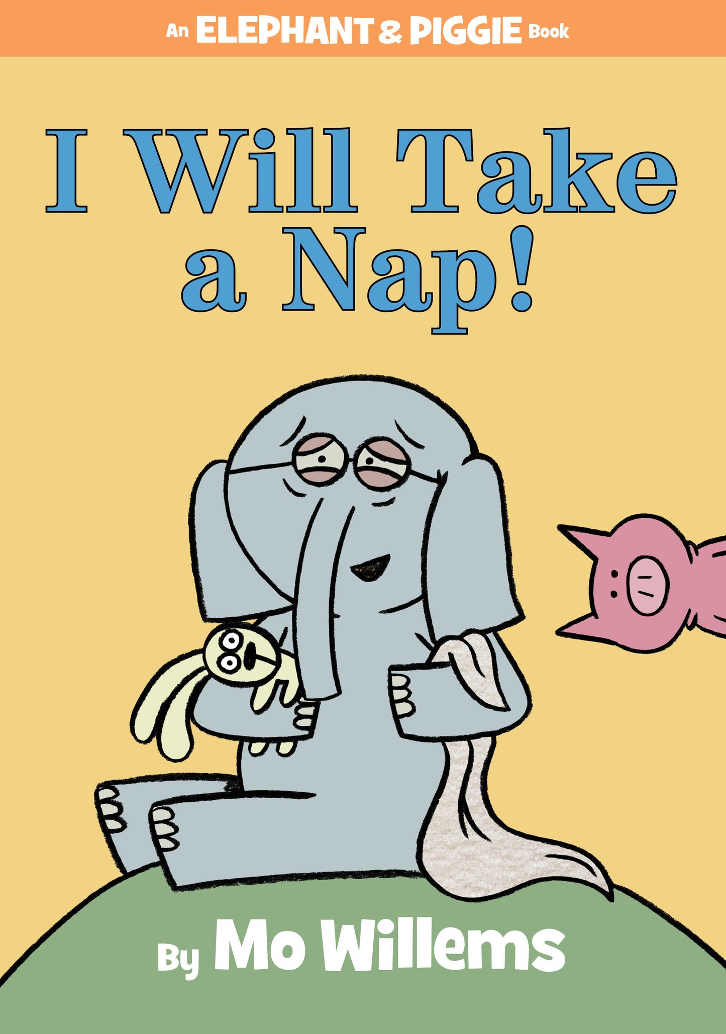 Children's book cover showing a sleepy elephant holding a toy, with a pig in the background