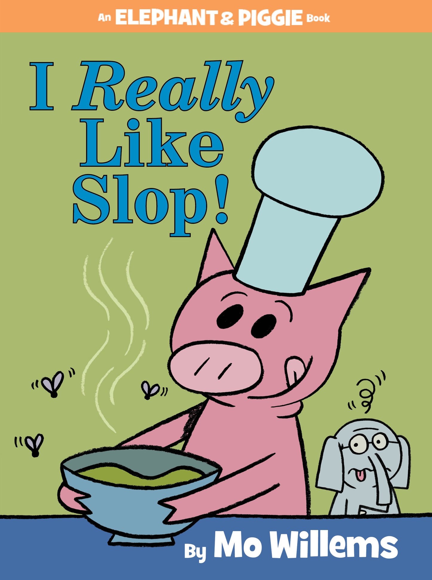 Cover of children's book featuring Piggie holding a bowl of slop with Elephant Gerald
