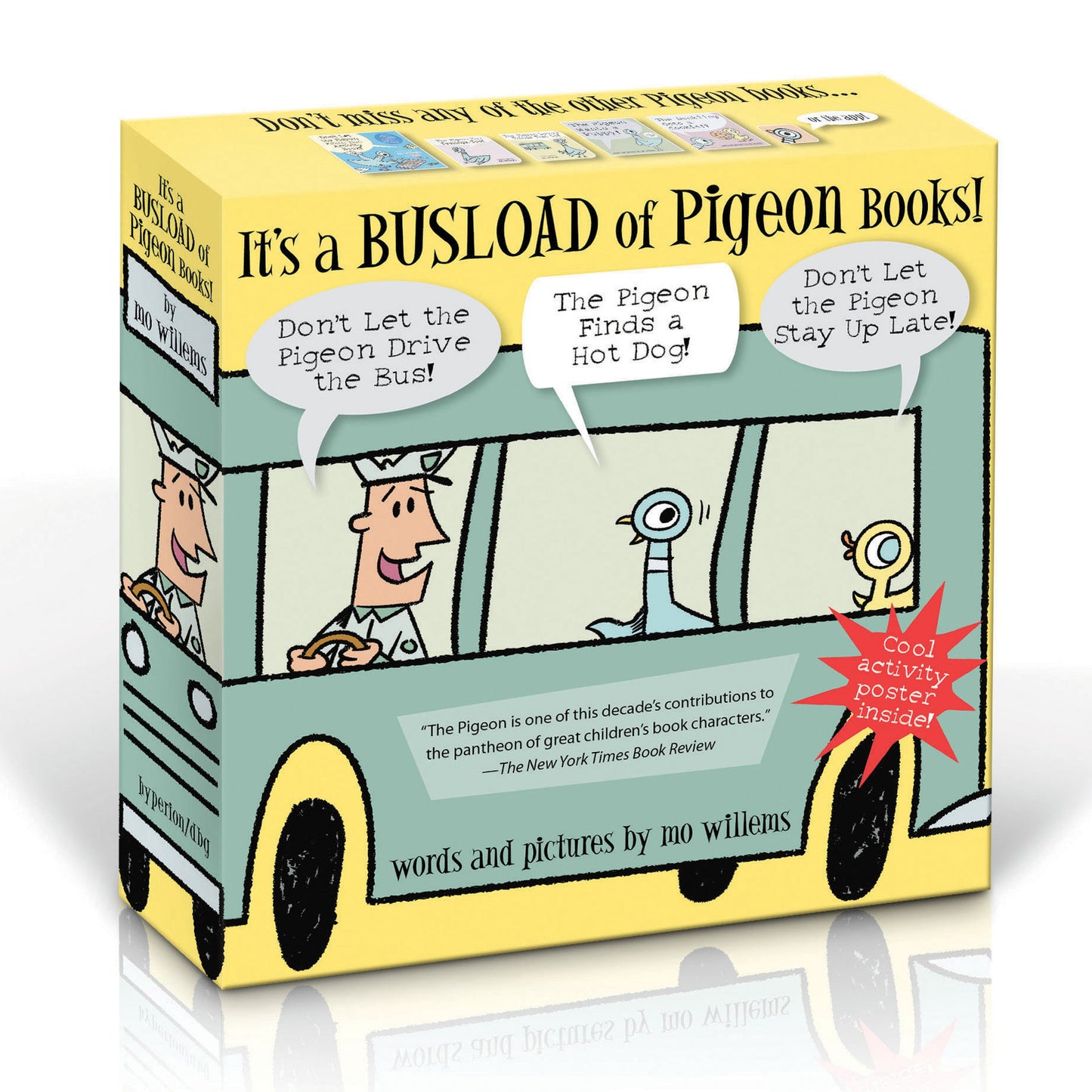 Boxed set of Pigeon children’s books with cartoon bus design on packaging