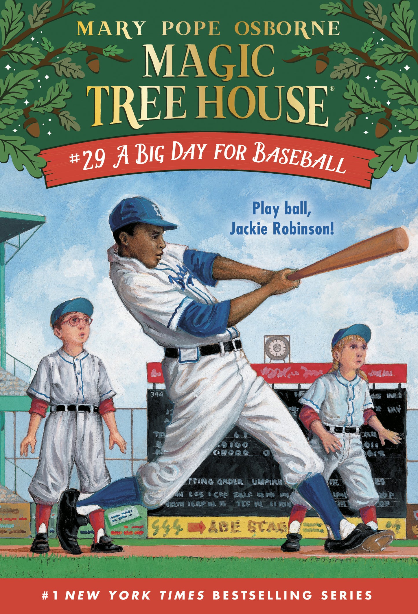 Cover of children's book showing Jackie Robinson swinging a bat with two kids in baseball uniforms