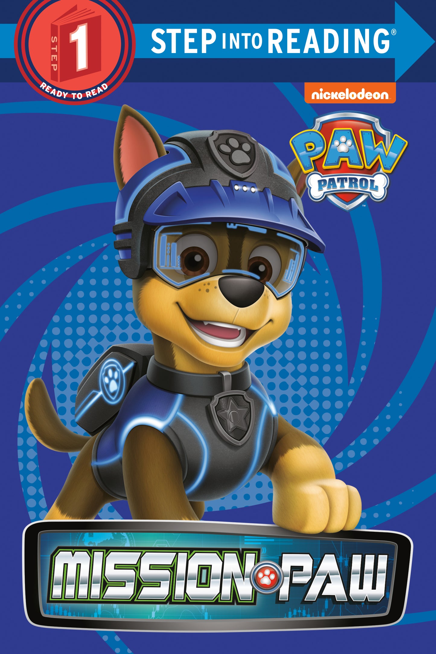 PAW Patrol Chase in futuristic gear on the cover of a Step into Reading book