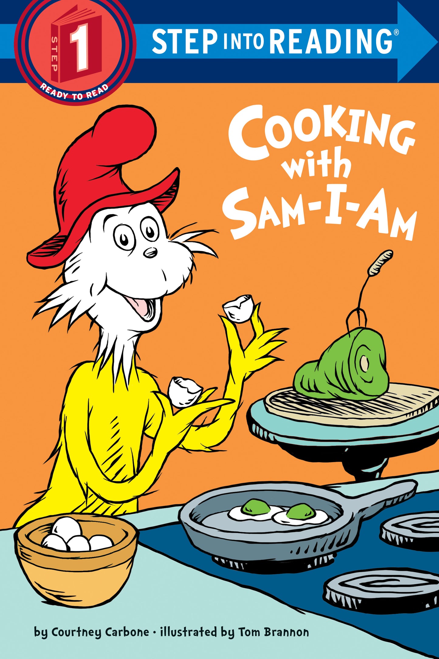 Sam-I-Am cooking green eggs and ham with cheerful expression
