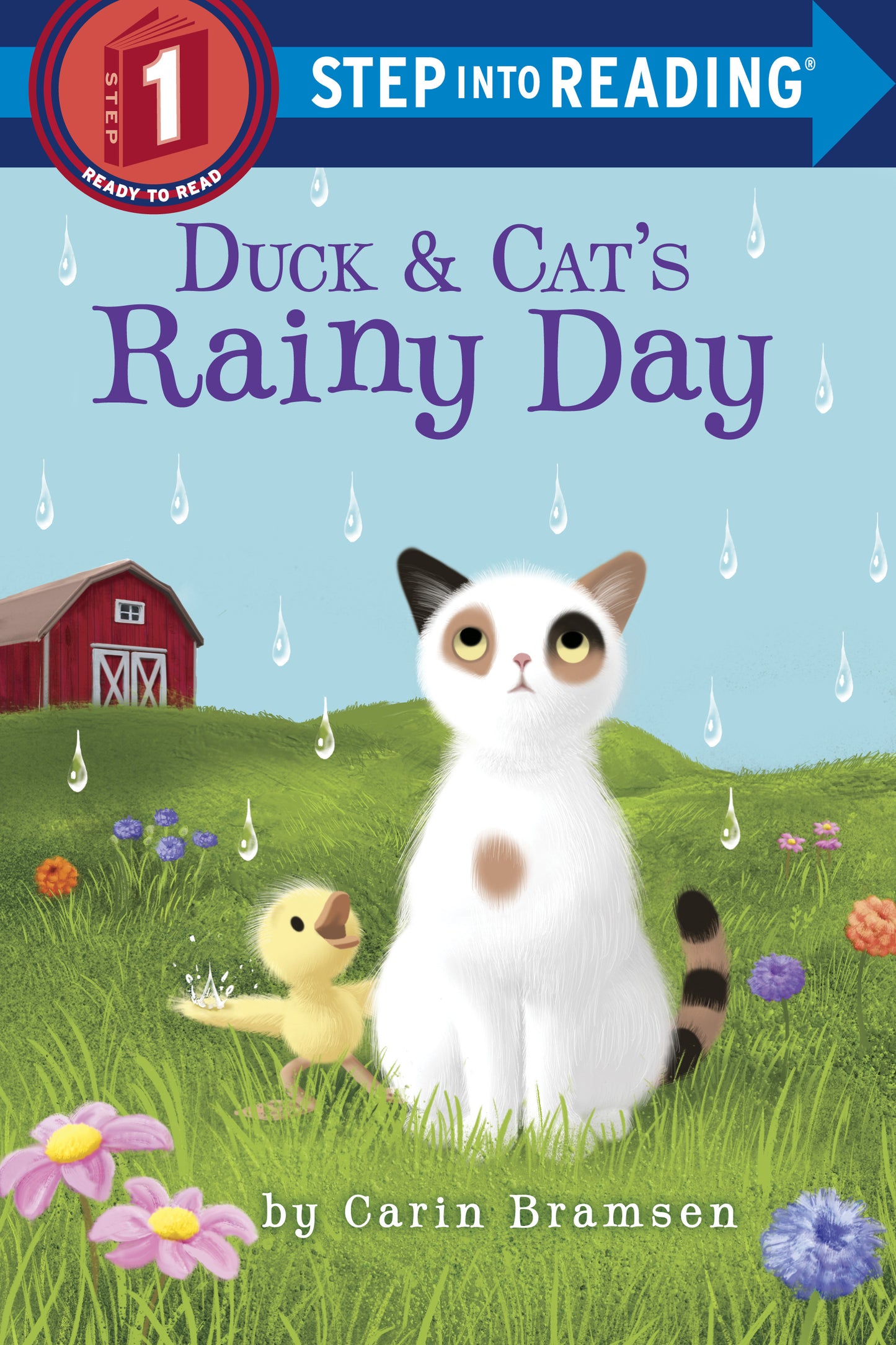 Illustrated children's book cover featuring a white cat and yellow duck in a grassy field with raindrops
