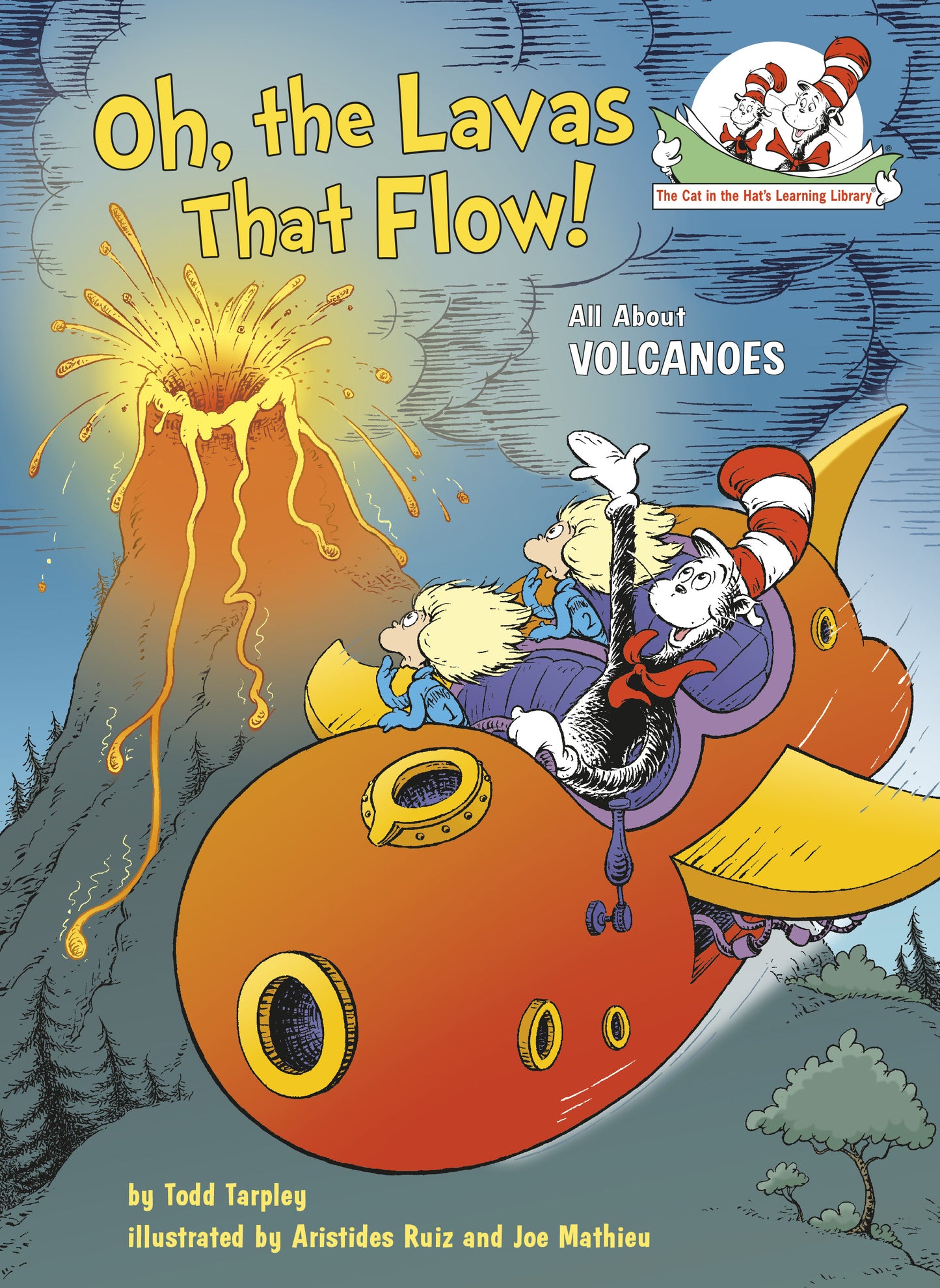 Illustrated children's book cover with Cat in the Hat near erupting volcano