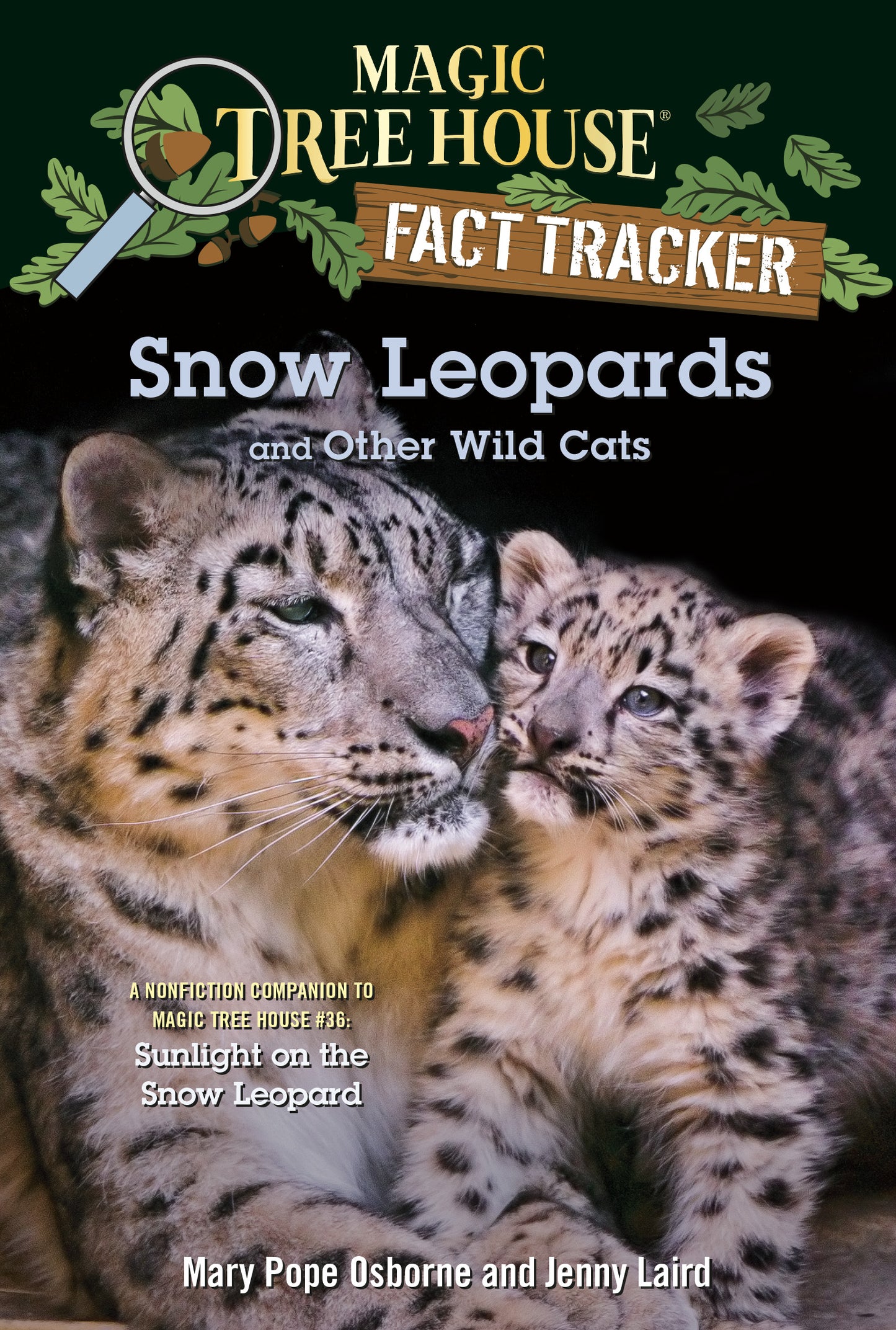 Snow leopards resting together on the cover of a children's nonfiction book