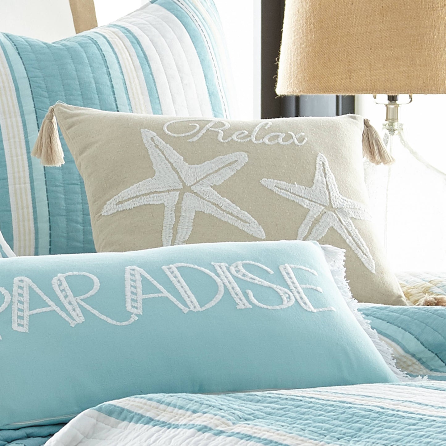 Decorative Pillow with Embroidered Starfish – 14x18 Beige with Tassels | Unique Gifts for Her