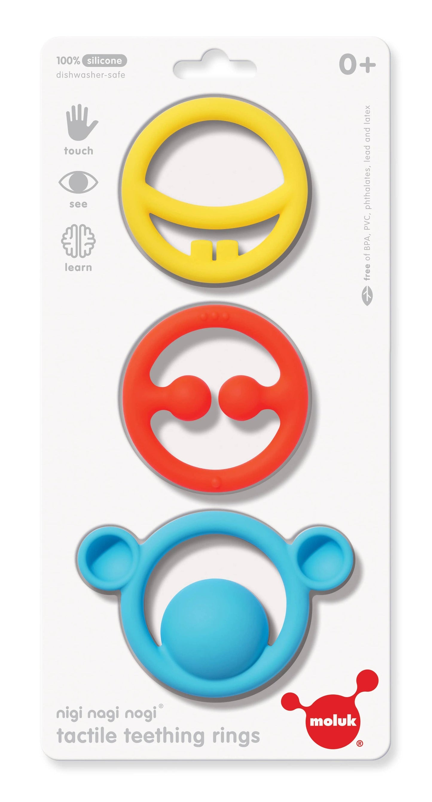 "Colorful silicone teething rings with fun designs for tactile play, including a smiley face, bear ears, and a whimsical design."