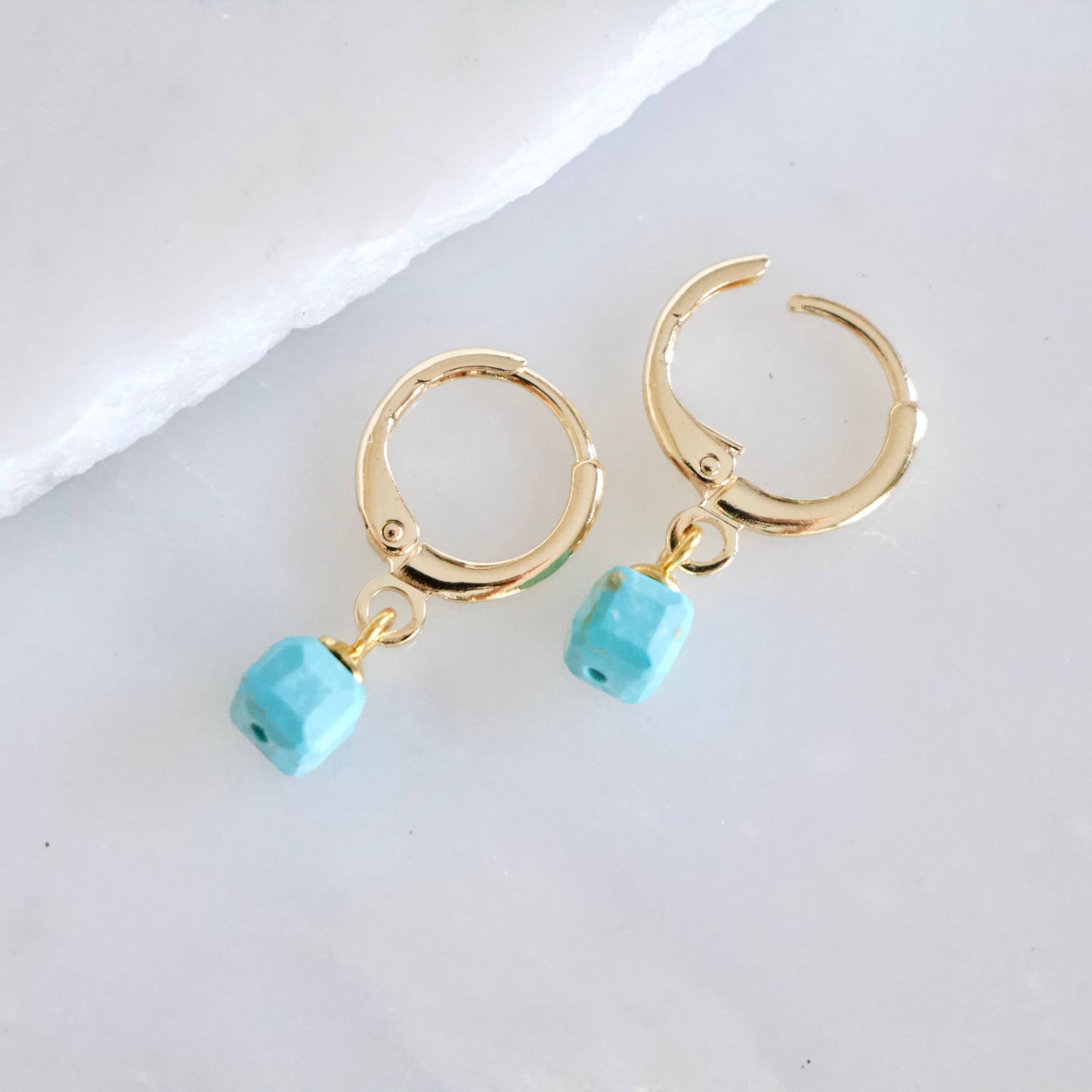 Turquoise Square Drop Huggie Hoop Earrings