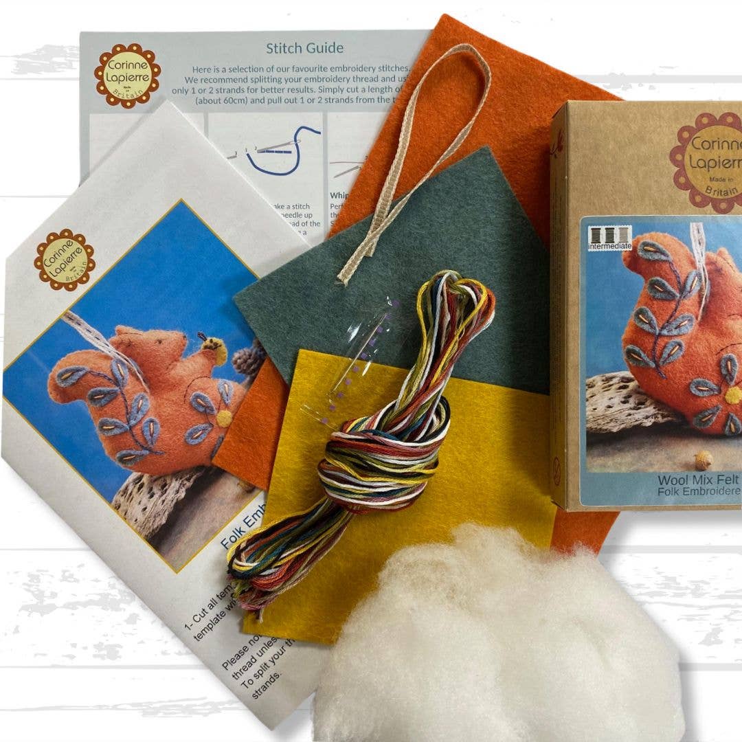 Felt craft mini kit with colorful wool mix felt, embroidery threads, and a folk squirrel design guide.
