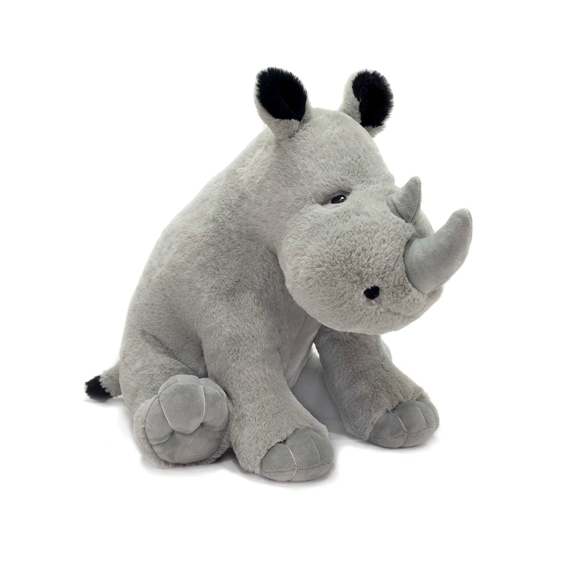 Soft grey plush rhino toy with black-tipped ears in a seated pose
