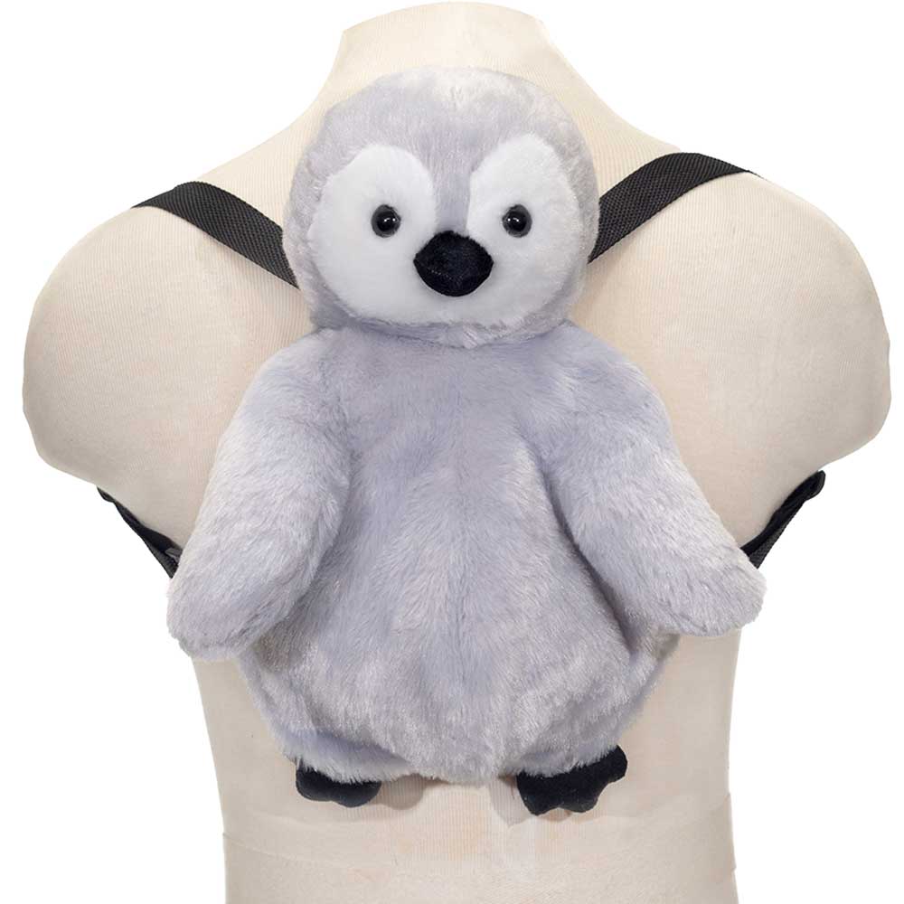 Soft grey plush penguin backpack with adjustable straps on mannequin