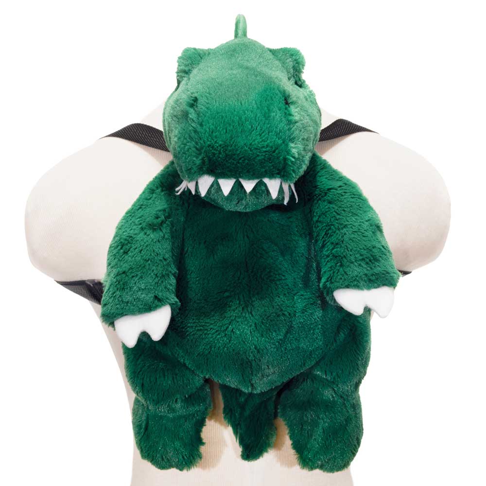 Plush green T-Rex backpack with white teeth and small arms