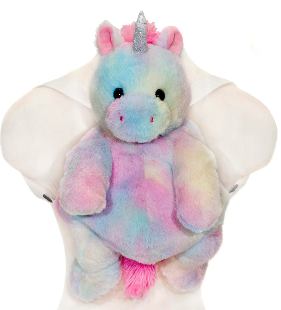 Plush pastel unicorn backpack with sparkly horn and rainbow fur