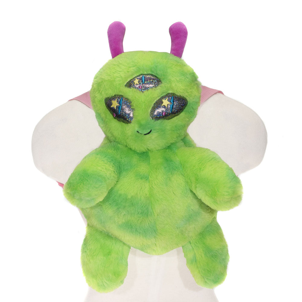 Bright green plush alien backpack with three sparkly eyes and antennae