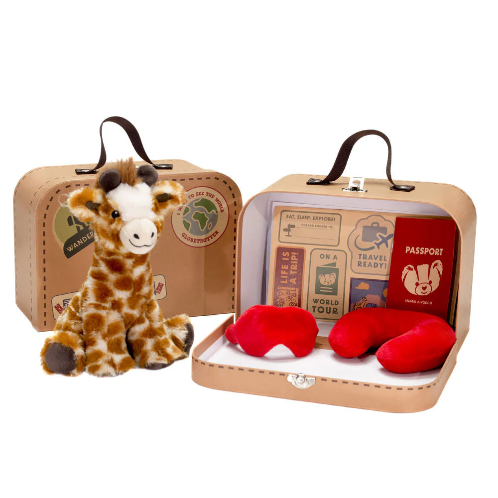 Mini suitcase gift set with plush giraffe, passport, and travel accessories