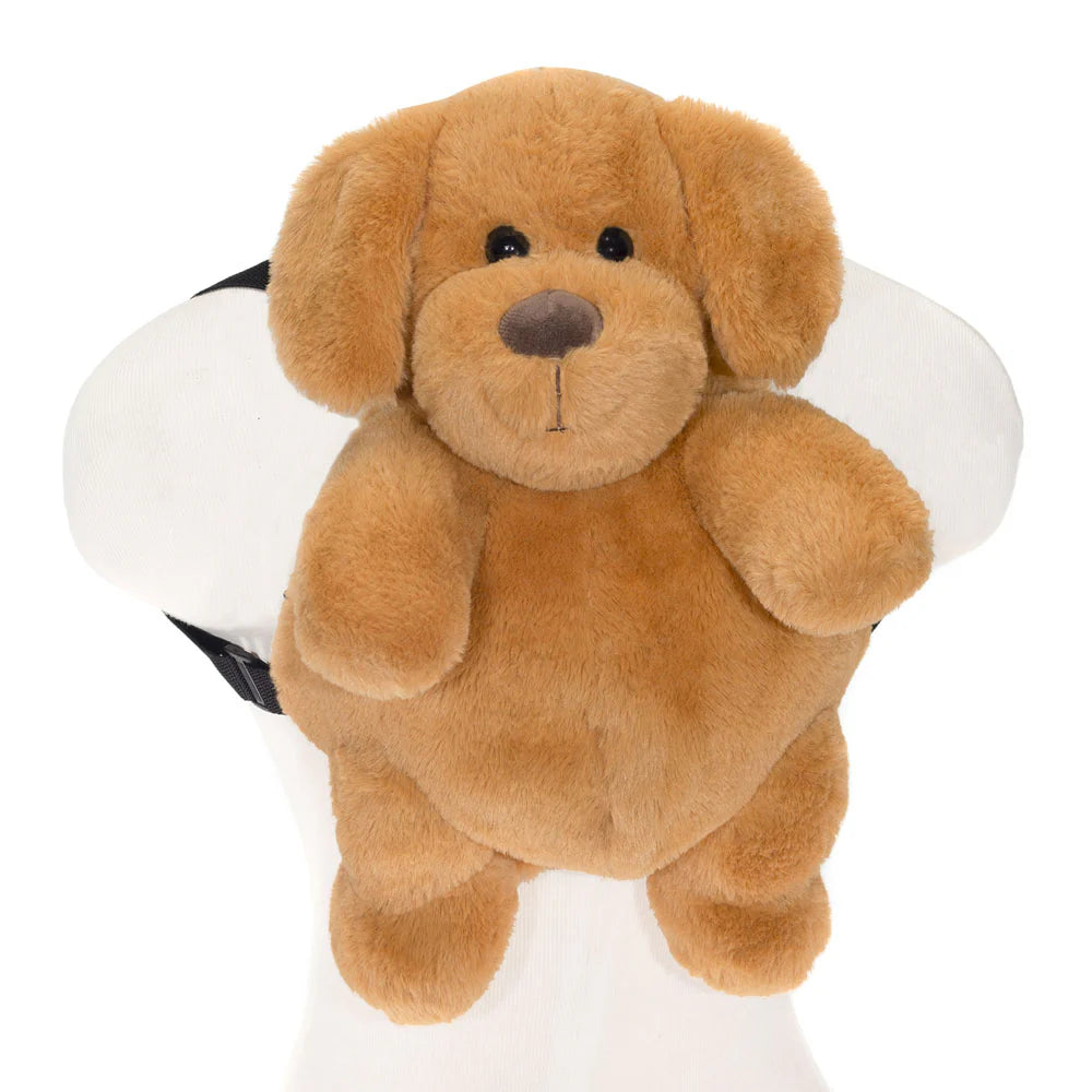 Soft brown dog plush backpack with floppy ears and adjustable straps