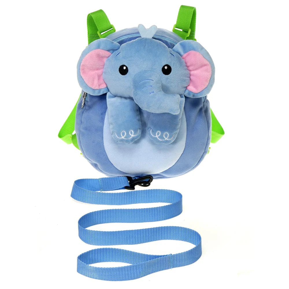 Blue elephant plush backpack with harness and green straps