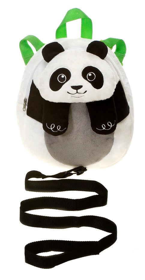 Plush panda backpack harness with green handles and safety strap