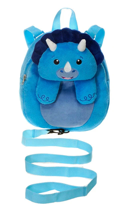 Blue triceratops plush backpack with child safety harness