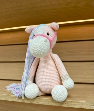 Crochet Pink Horse with Rainbow Hair - Handmade 12"
