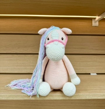 Crochet Pink Horse with Rainbow Hair - Handmade 12"