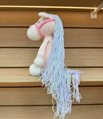 Crochet Pink Horse with Rainbow Hair - Handmade 12"