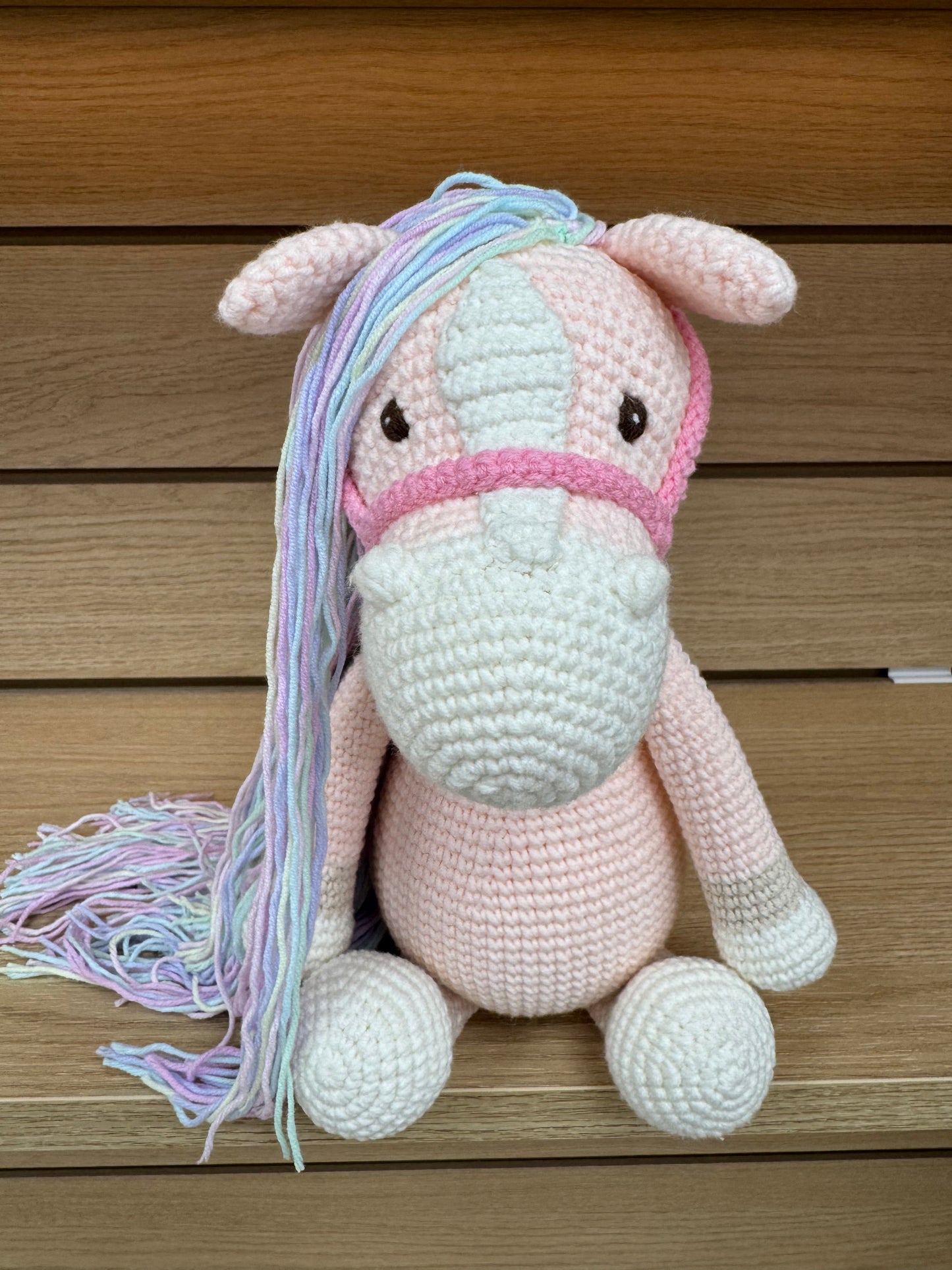 Crochet Pink Horse with Rainbow Hair - Handmade 12"