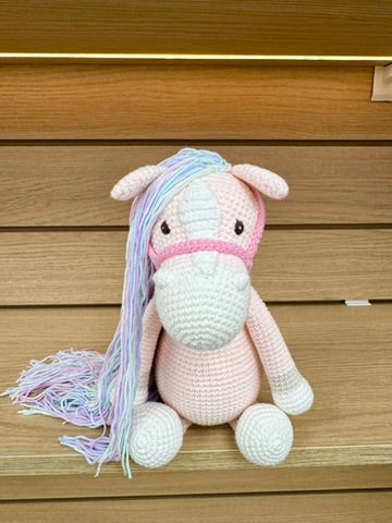 Crochet Pink Horse with Rainbow Hair - Handmade 12"