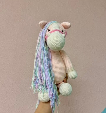Crochet Pink Horse with Rainbow Hair - Handmade 12"
