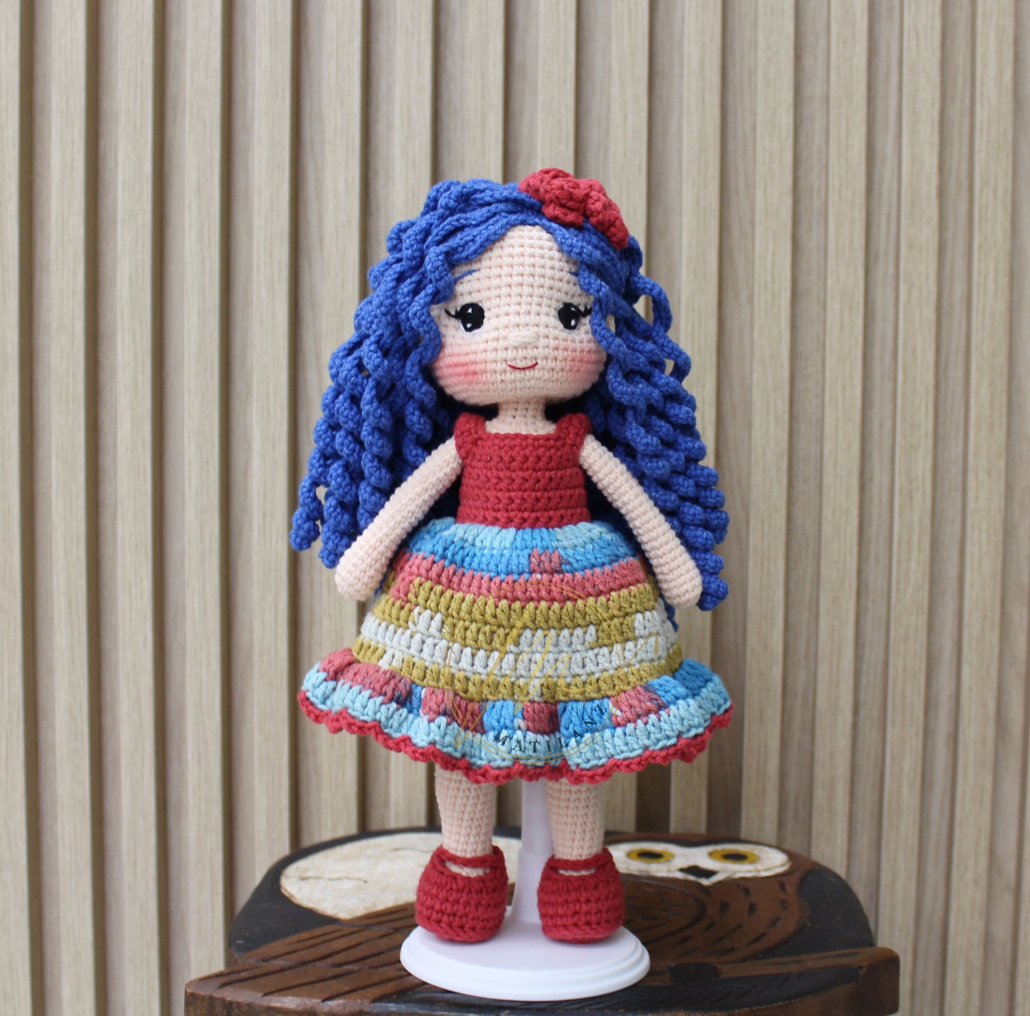 Crochet Doll with Blue Curly Hair – 12-Inch Handmade Plush | Unique Gifts for Her