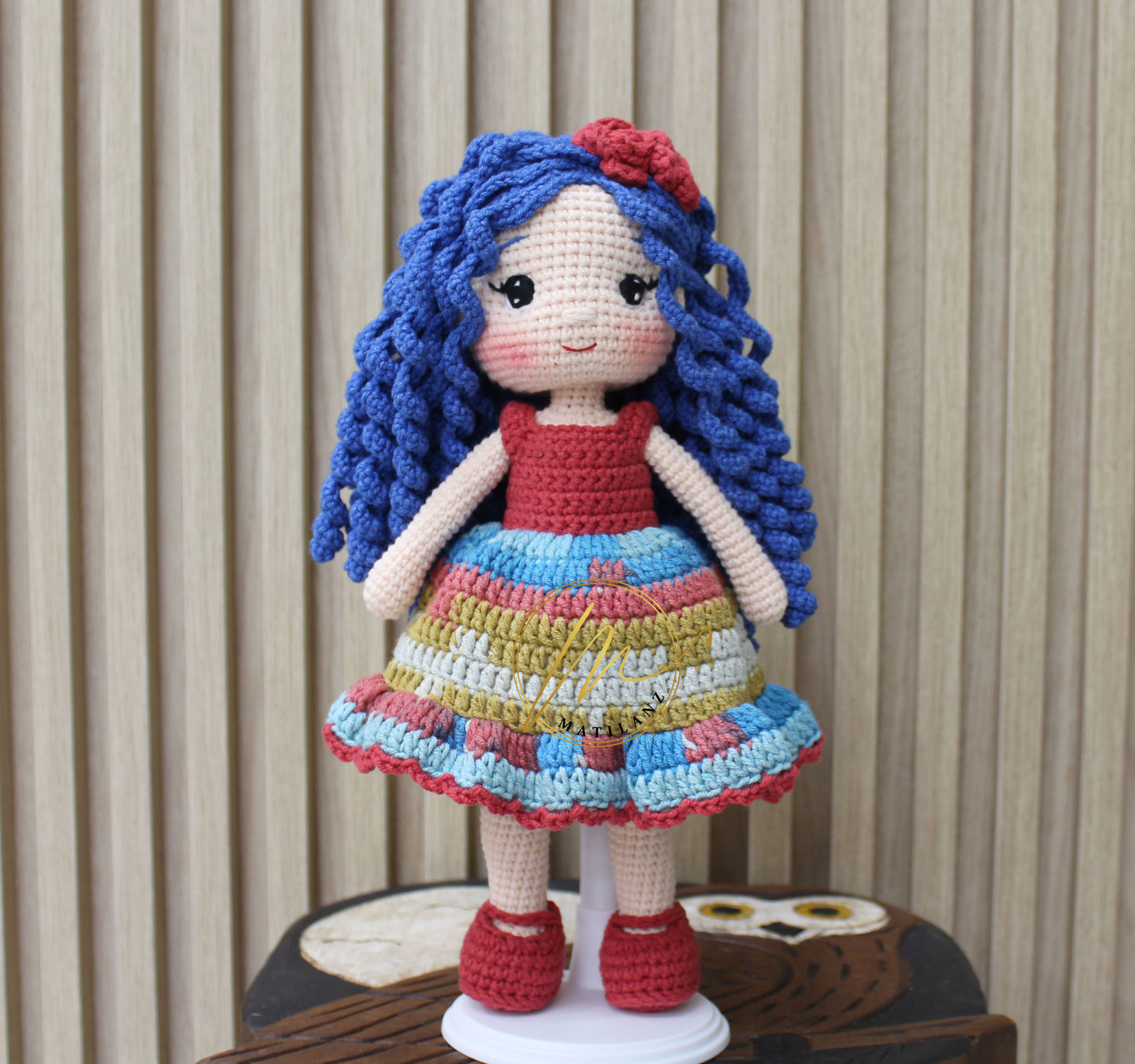 Crochet Doll with Blue Curly Hair – 12-Inch Handmade Plush | Unique Gifts for Her