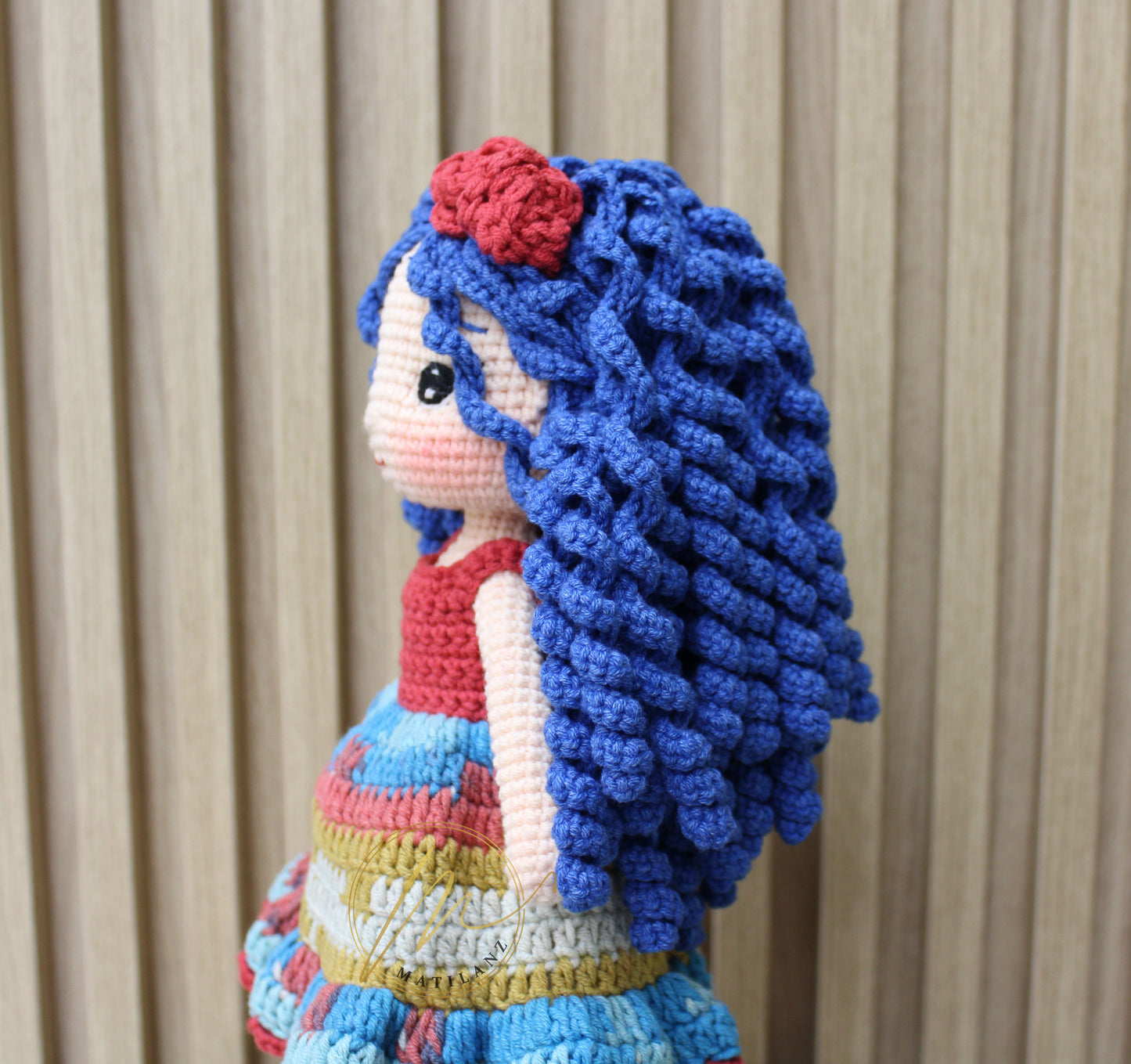 Crochet Doll with Blue Curly Hair – 12-Inch Handmade Plush | Unique Gifts for Her