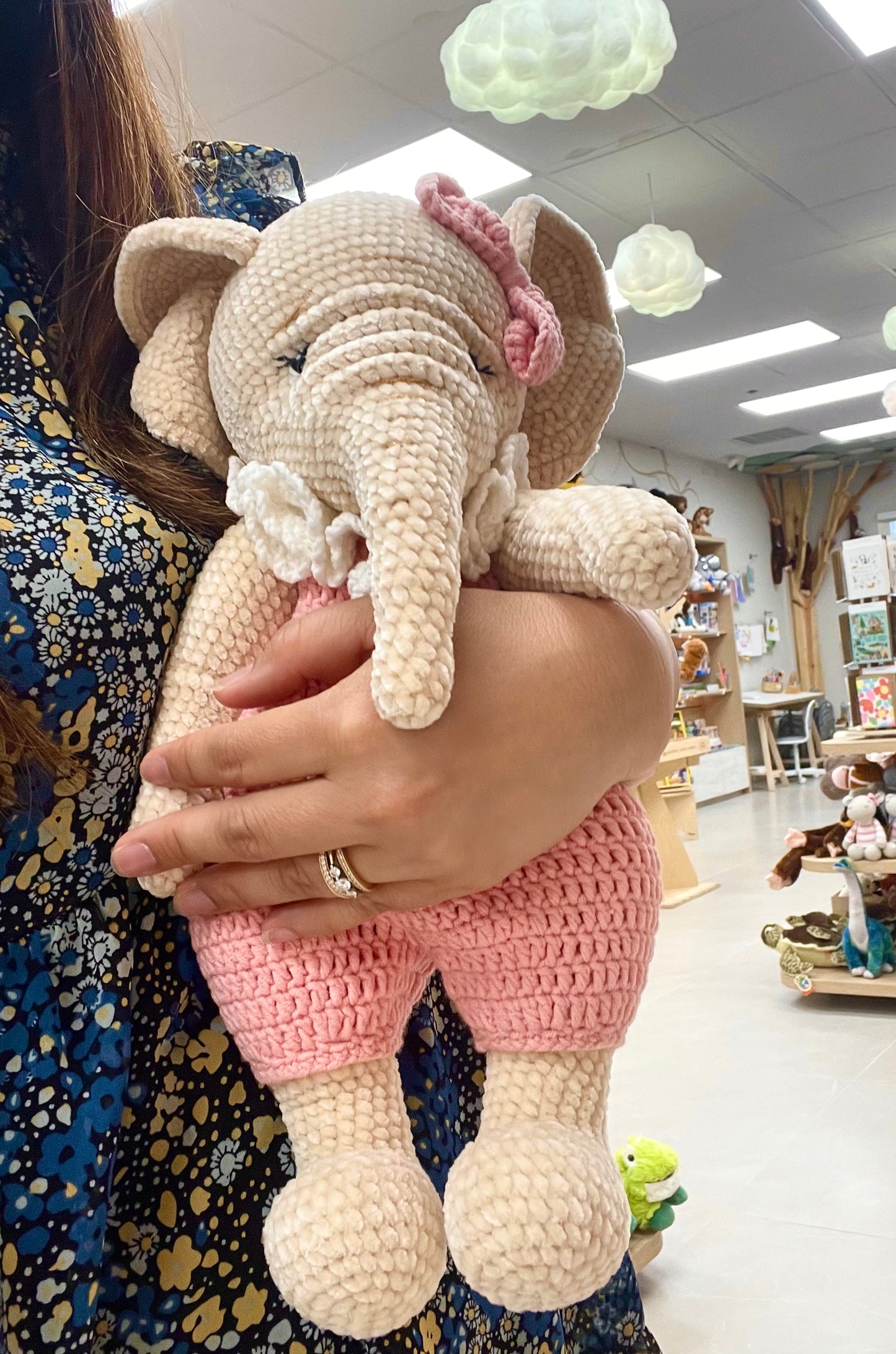 Crochet Elephant - Pink Overalls 13"