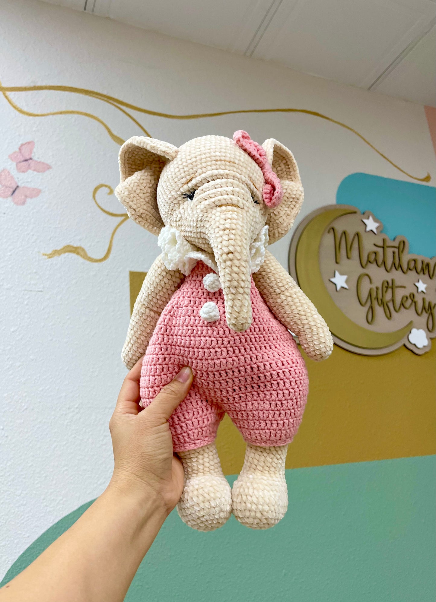 Crochet Elephant - Pink Overalls 13"