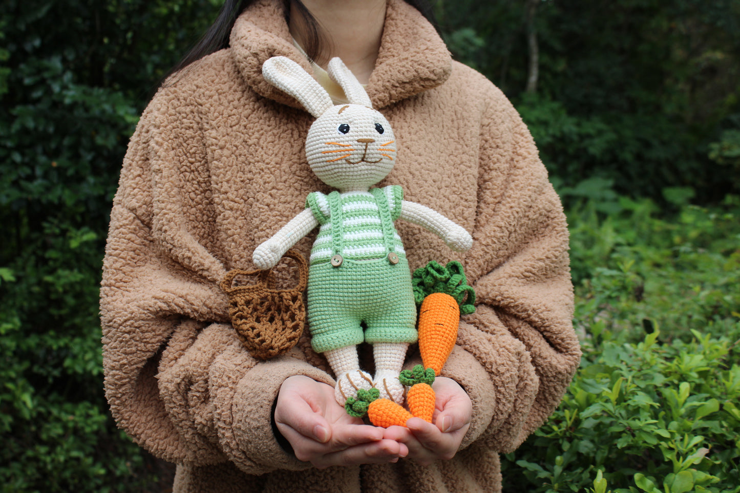 Handmade Crochet Easter Bunny with Carrot Basket - 11"
