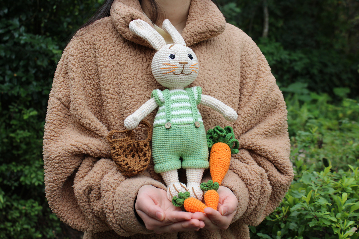 Handmade Crochet Easter Bunny with Carrot Basket - 11"