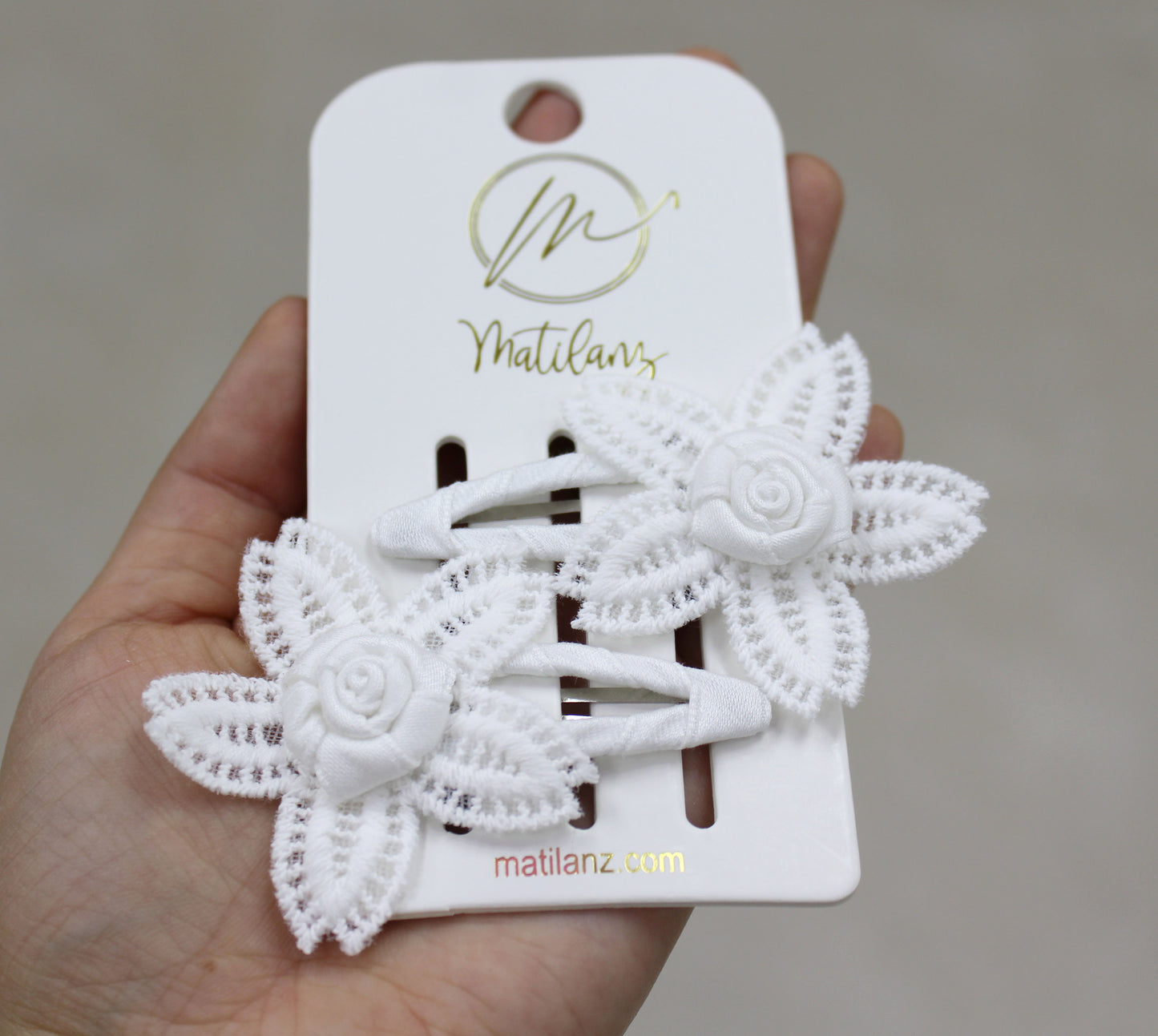 Handmade white flower hair clips with delicate lace petals, set of 2.