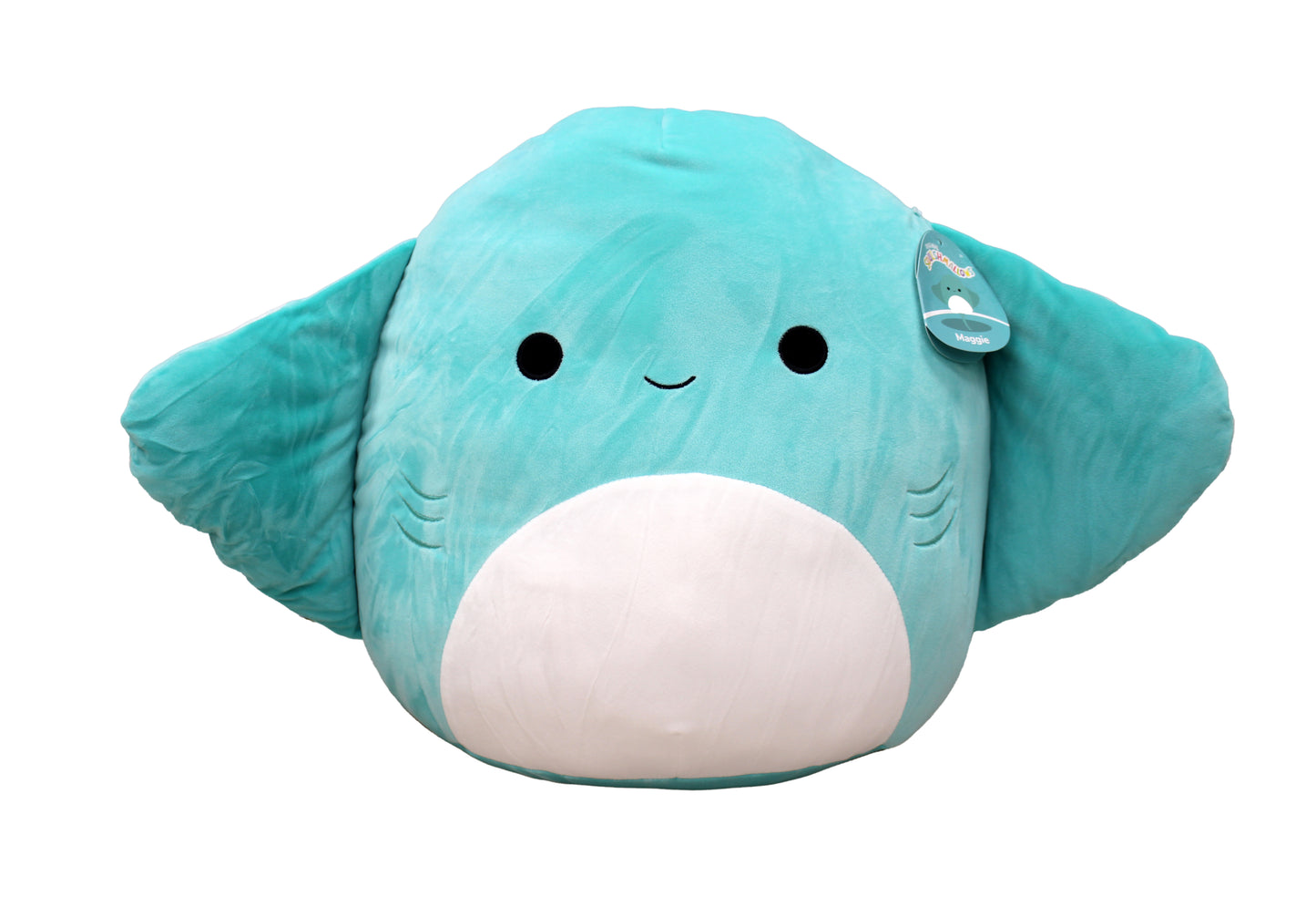 Large teal stingray plush with white belly and smiling face