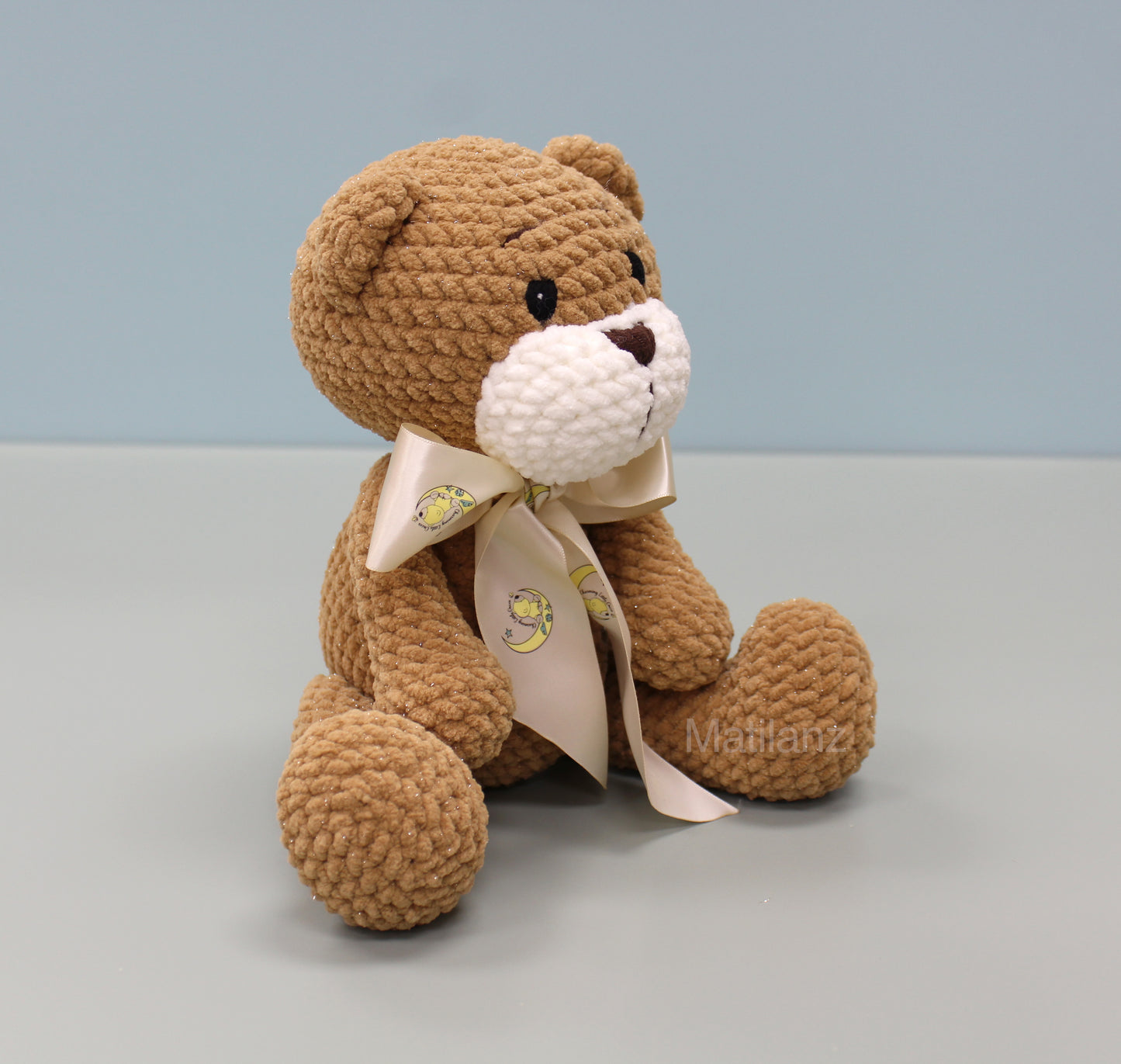 handmade crochet teddy bear brown plush with cream bow, amigurumi stuffed animal, 11 inch