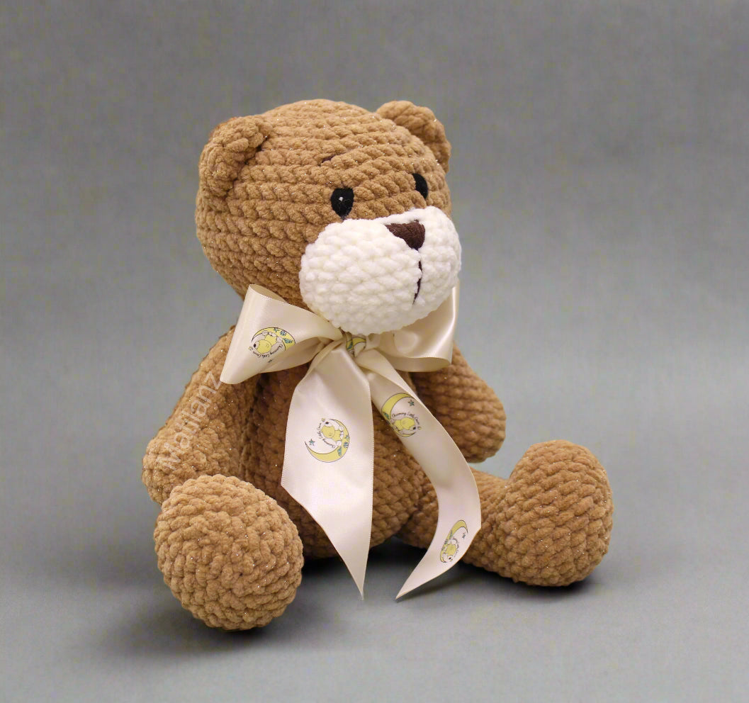 handmade crochet teddy bear brown plush with cream bow, amigurumi stuffed animal, 11 inch
