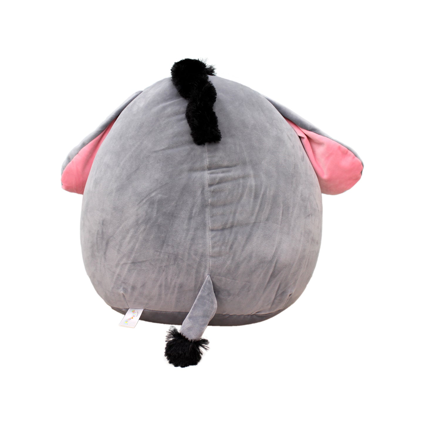 Gray plush donkey with pink ears and black tail, medium size, soft and cuddly.