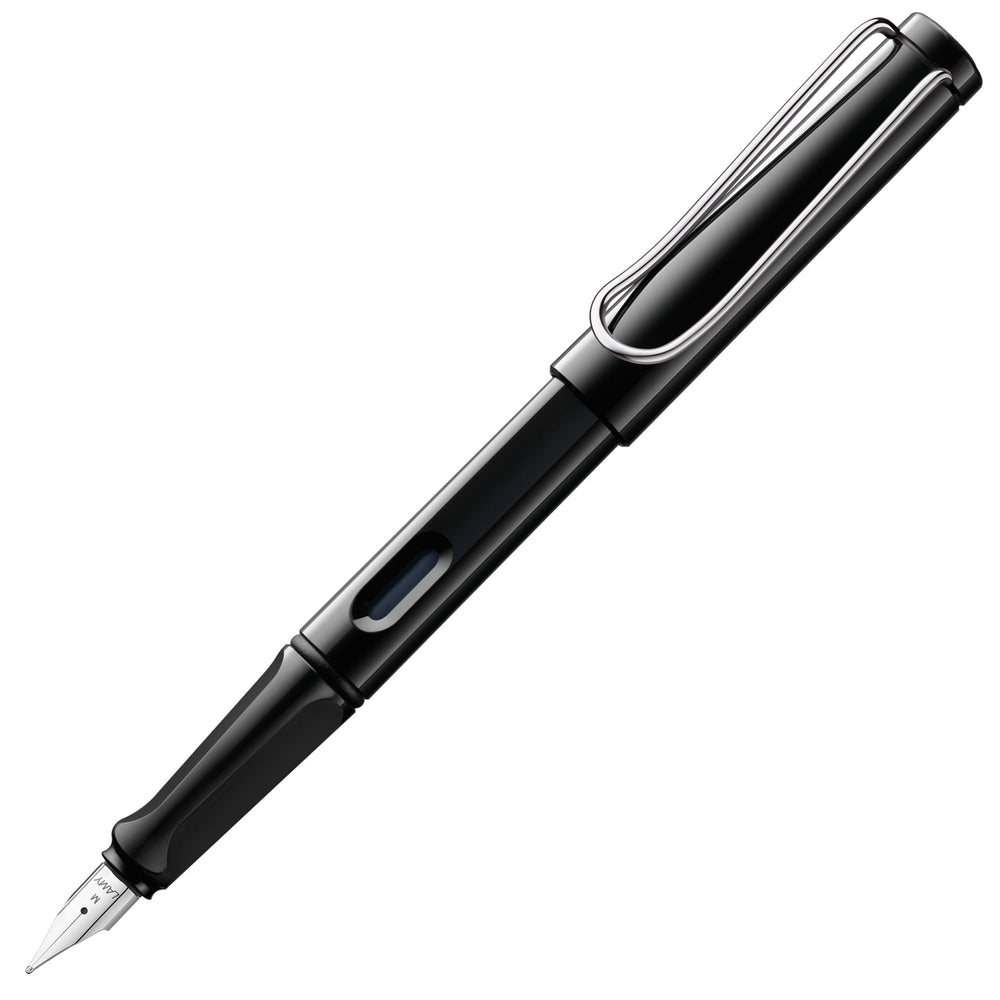 Matte black extra fine fountain pen with chrome clip and transparent ink window.