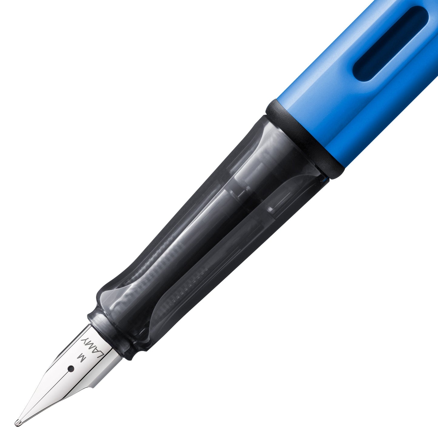 Ocean blue fountain pen with a sleek transparent barrel and a fine nib for smooth writing.