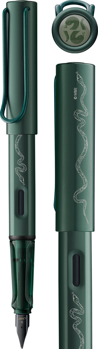 Forest green Slytherin-themed LAMY AL-star fountain pen with serpent detailing
